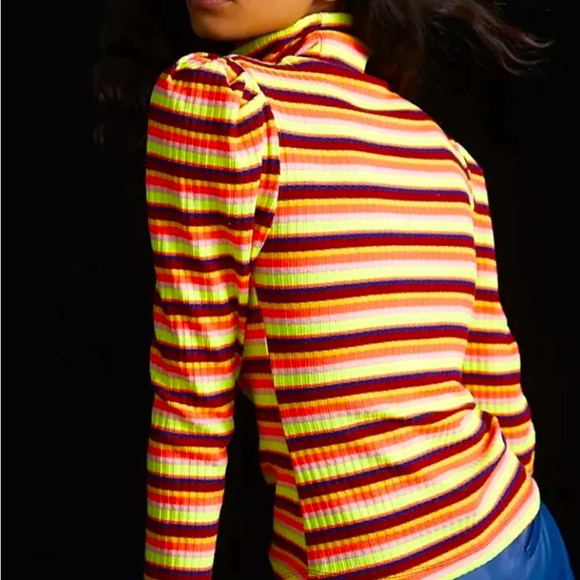 Anthro Maeve Bright Retro Neon Striped Puff Sleeve Turtleneck Top - Picture 7 of 15